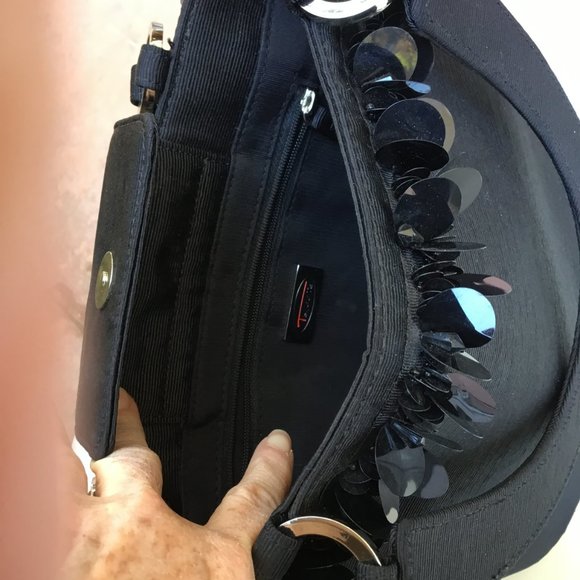 Talbots Black Ribbed Satin Hard Shell Tote Handbag w Paillette Sequins - Picture 8 of 9